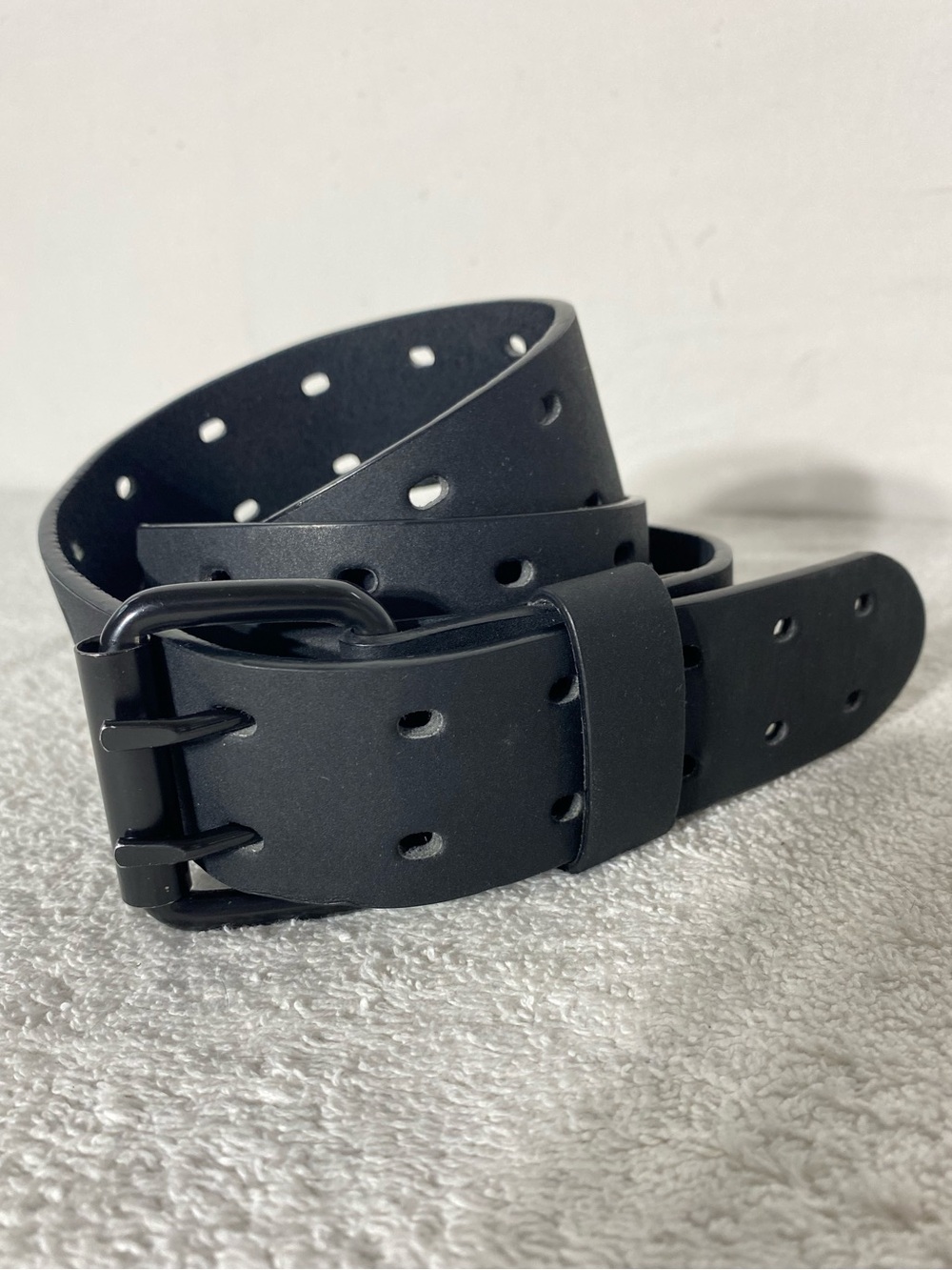Black Double Prong Leather Belt Dual Hole Punk Goth Grunge Matte Black Buckle 34